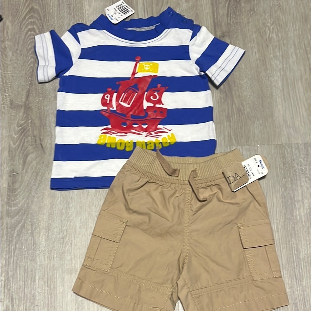 Blue and White Striped Pirate Shirt with Tan Shorts